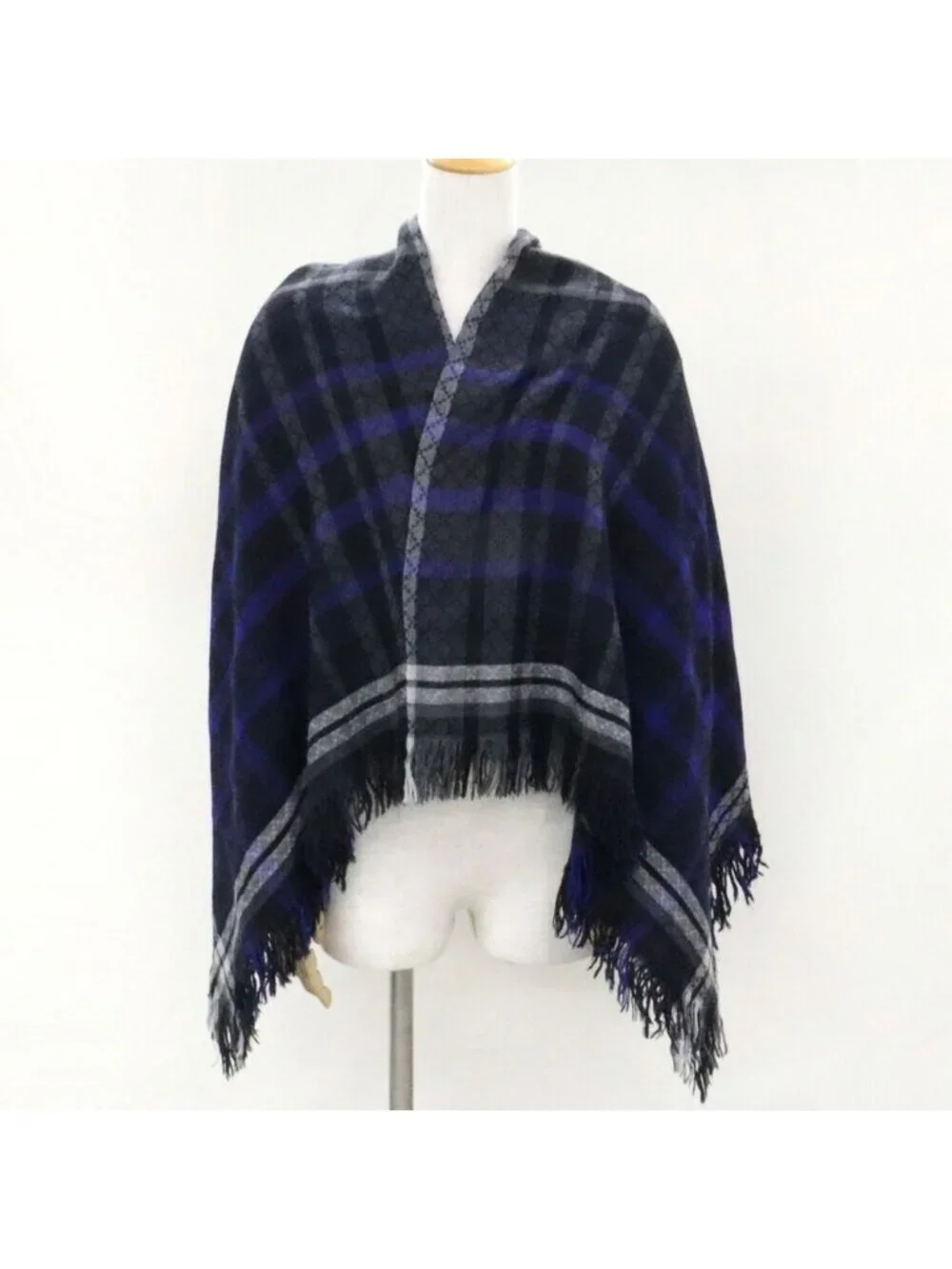 Gucci Shawl Check Pattern Gray Blue Wool 70% Silk Scarf